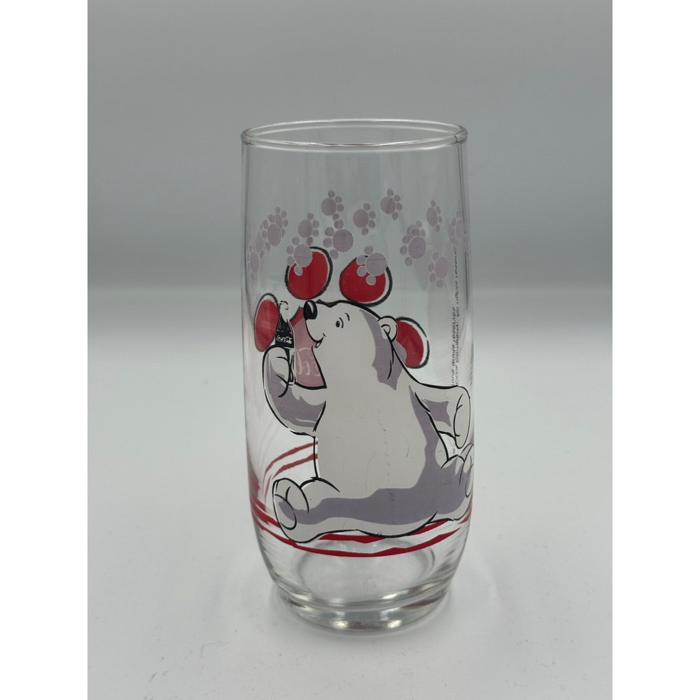 Vintage 1999 Coca-Cola Polar Bear Drinking Glass Tumbler Red Paw Print Logo 12